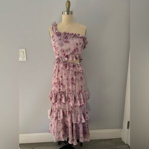 WAYF Purple Floral Ruffle Midi Dress